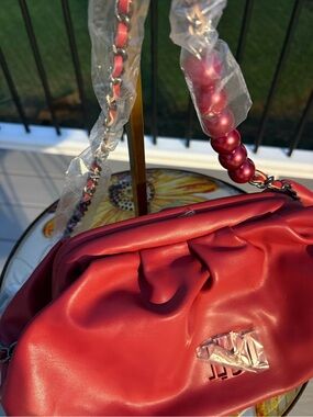 Badgley Mischka Red Gathered Shoulder Bag with Beaded Strap